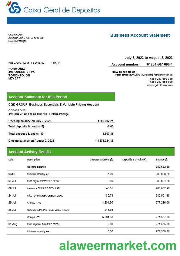 Caixa Geral de Depositos business bank statement Word and PDF template